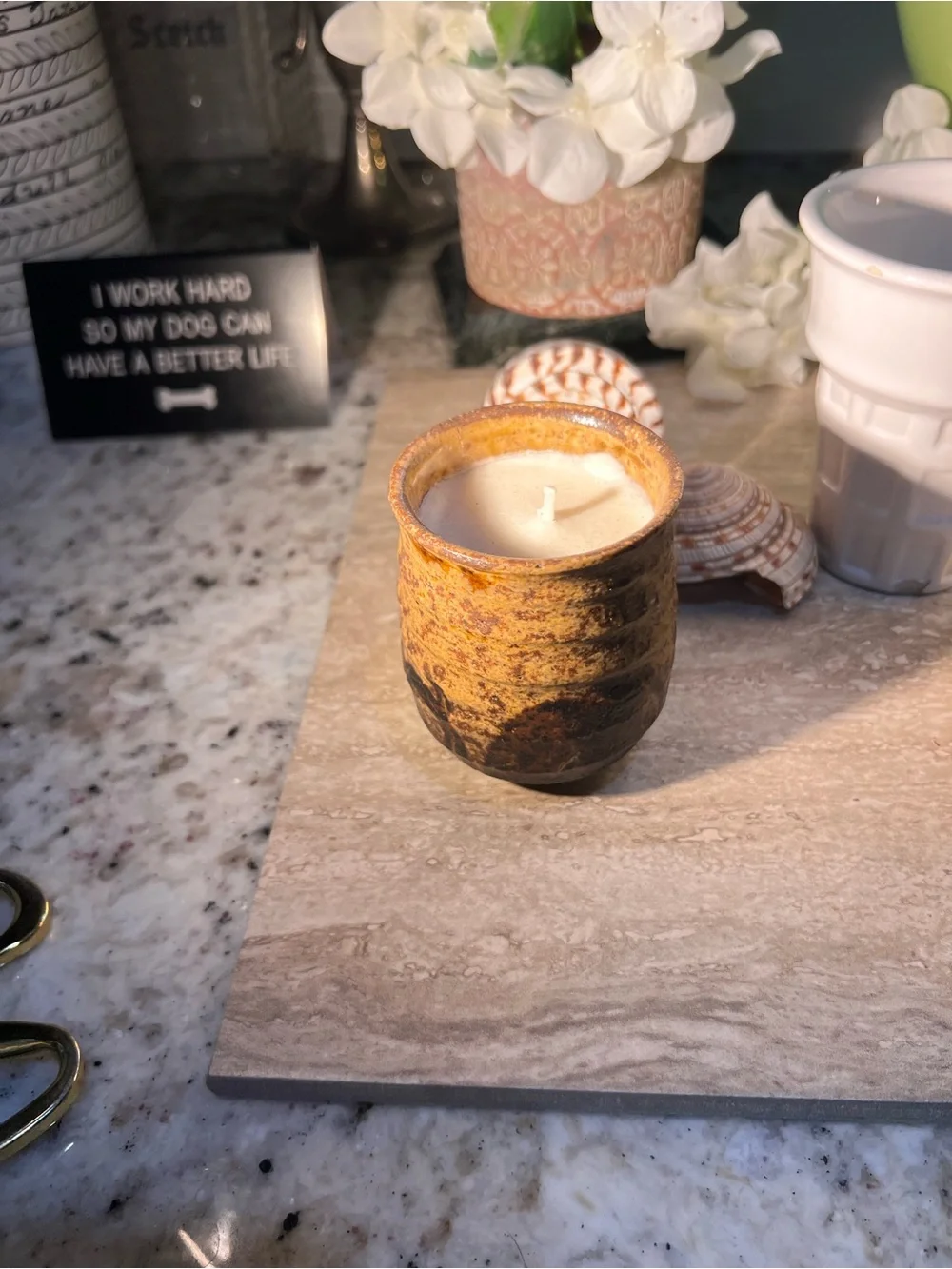 signed, Japanese Pottery w/ handpoured candle sm.